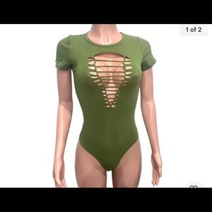 Green Slashed Stretchy Cleavage Bodysuit Top New S